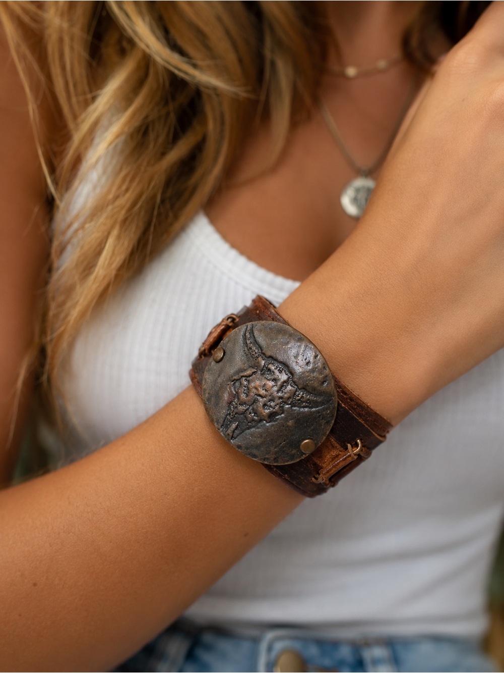 Western Leather Cuff Bracelet with Longhorn Bull Skull Rustic Metal Medallion